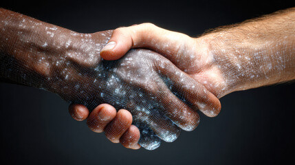 Fototapeta premium A digital handshake symbolizes unity and collaboration, blending diversity and technology in a modern context.