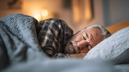 Senior man resting peacefully on side in soft bed, enjoying a calm moment of sleep in cozy environment