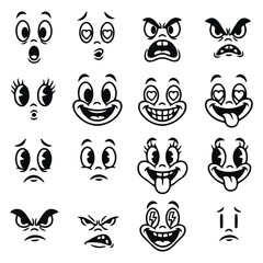 faces, emotions, expressions, cartoon, vintage, retro, emoticons, characters, black and white, illustration, drawing, happy, sad, angry, surprised, shocked, excited, crazy, silly, playful, various, se