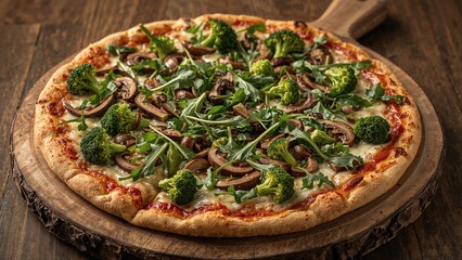 Delectable vegan pizza loaded with broccoli, greens, and mushrooms; ample space for texts.