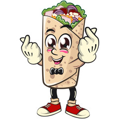 cute burrito mascot cartoon vector illustration mexican wrap character two hands giving a sign of love, funny fast food design isolated for logo, menu, and kids concept, work of hand drawn