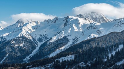 avalanche in snowy mountains with forested slopes.