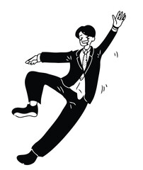 man, business, suit, tie, dynamic, pose, jumping, dancing, energetic, illustration, drawing, sketch, black and white, motion, action, celebration, success, freedom, movement, male, person, character, 