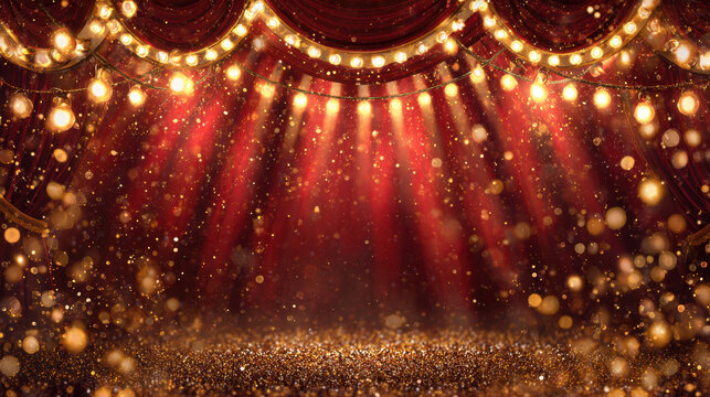 Golden and red circus stage background with glowing marquee lights and sparkling glitter