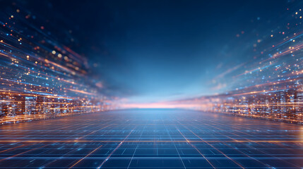 Grid background in 3D metaverse with VR space and digital line tech. Wireframe floor and tunnel create a virtual blueprint. Futuristic cube perspective in cyber architecture. 91617958 1