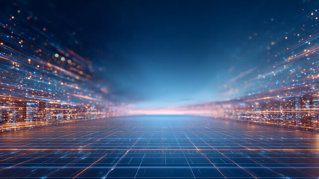 Grid background in 3D metaverse with VR space and digital line tech. Wireframe floor and tunnel create a virtual blueprint. Futuristic cube perspective in cyber architecture. 91617958 1