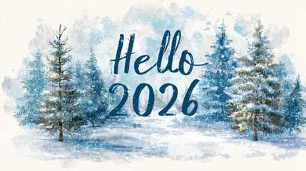 Watercolor winter forest scene with snowy trees and the text “Hello 2026.”