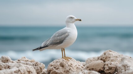 Fototapeta premium Seagull Perched on Rock by Ocean Shoreline Among Drifting Plastic Waste Reflecting Environmental Issues and Impact on Wildlife