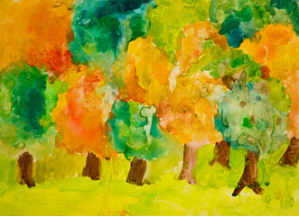 colorful trees in the forest. children watercolor painting