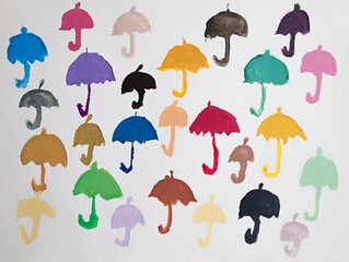 Child's watercolor drawing of colorful umbrellas. Painted in second-grade elementary school.