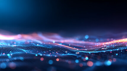 Futuristic data stream with glowing blue digital wave, abstract cyber network, and technology grid on dark background. AI-powered big data visualization and advanced computing concept. 42225764 1