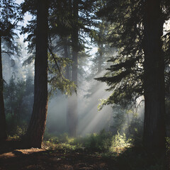 Fototapeta premium Serene Morning Fog Rolling Through Tall Forest with Gentle Light Streaming Down Between Trees