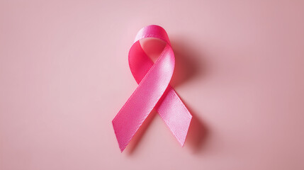 Pink awareness ribbon on pastel pink background, minimal composition symbolizing breast cancer awareness, hope, and support — perfect for health campaigns, charity promotions, and October awareness