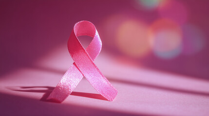 Pink awareness ribbon on pastel pink background, minimal composition symbolizing breast cancer awareness, hope, and support — perfect for health campaigns, charity promotions, and October awareness