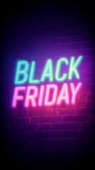 Obraz premium Black Friday neon sign glowing in blue and pink on dark background — vibrant night sale concept for modern advertising design