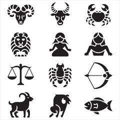 Naklejka premium Collection of Zodiac Sign Icons in Black and White