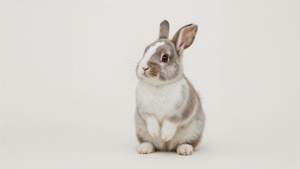 Obraz premium Front view of adorable baby rabbit sitting on background. Lovely action of young rabbit.