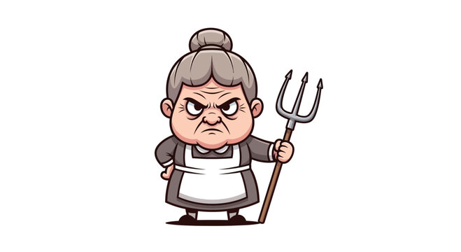 Cartoon illustration of a grumpy old woman character with a pitchfork on a white background
