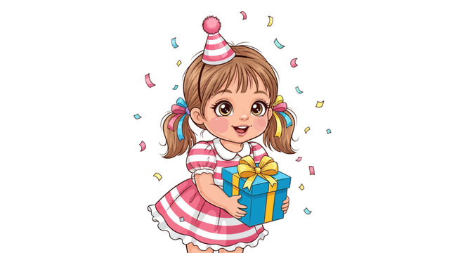 Cartoon illustration of a little girl celebrating her birthday with party and present happiness