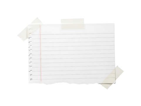 Torn white paper note with handwritten text taped to a transparent background isolated on transparent background