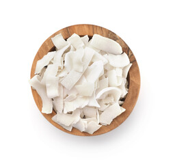 Coconut chips in wooden bowl