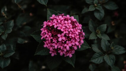 Obraz premium Pink Verbena or Verbena Hybrida in bloom with vibrant pink flowers and dark green leaves