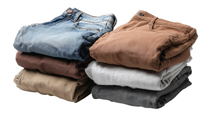 Stylish stack of folded mens trousers in various colors showcasing casual and modern fashion choices isolated on transparent background