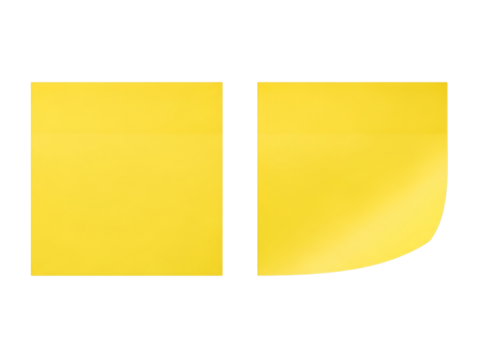Two bright yellow sticky notes with one corner curled up isolated on transparent background