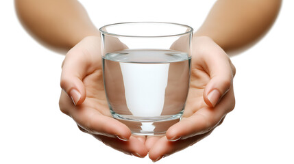 A woman’s hands holding a glass of water, with a slight reflection, isolated on a pure white background