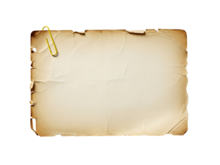 A vintage aged paper sheet with torn edges held by a golden paperclip isolated on transparent background