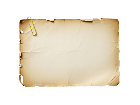 A vintage aged paper sheet with torn edges held by a golden paperclip isolated on transparent background