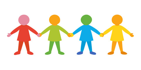 A simple and colorful illustration of four children holding hands. Perfect for projects on friendship, togetherness, childhood, and teamwork.
