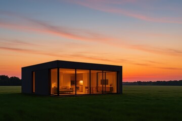 Modern modular home glowing at sunset in open field, architectural housing