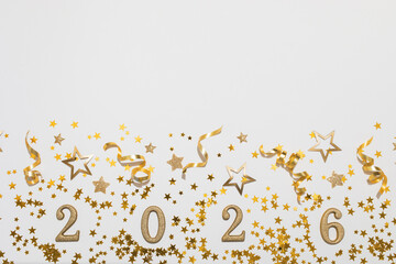 2026 Happy New Year golden glittering numbers top view, flat lay.