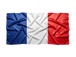 Wavy french tricolor flag rippling with fabric texture isolated on transparent background