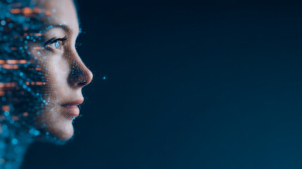 AI avatar head digital face 3D with robot human. Futuristic blue neon scan effect for recognition technology and security concepts. Abstract mesh or particle network designs for cyber intel 83165802 1