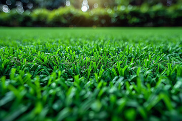 Close-up of a lush, green artificial grass texture background for football field.