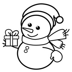Vector illustration of a cute snowman in linear style holding a gift box, perfect for christmas greeting cards, coloring pages, festive icons, decor.