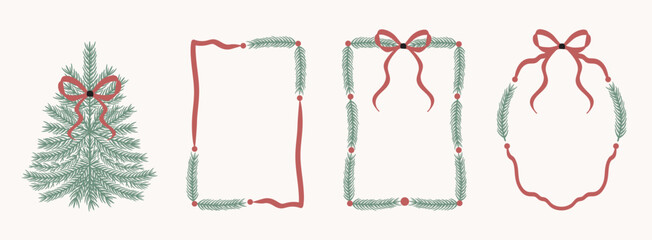 Vintage Christmas frame set with fir branches, ribbons, bows, Xmas tree in a doodle style. Perfect for posters, invitations, and holiday cards. Pastel green and red line art for a festive retro feel.