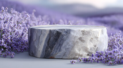 Stone podium and lavender blossoms for beauty presentation