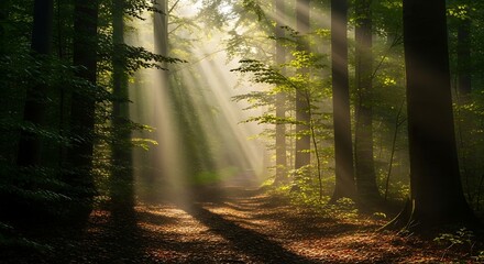 Obraz premium Serene Sunrise Forest Scene with Soft Sunbeams Filtering Through Tall Green Trees, Creating a Tranquil Nature Landscape for Eco-Tourism, Nature Photography, Environmental Awareness, and Outdoor