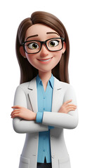 Cartoon female scientist wearing glasses and lab coat, arms crossed, isolated on transparent background