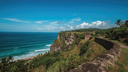 Fototapeta premium wall extends across a huge cliff and sea with background, sky, beach, summer, travel, nature, landscape, forest, and sea.