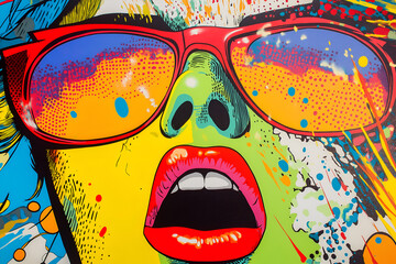 Vibrant pop art illustration of a surprised woman’s face with expressive eyes and open mouth.