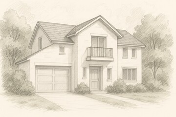 Pencil sketch of a two-story suburban house with a garage and balcony, drawing, home