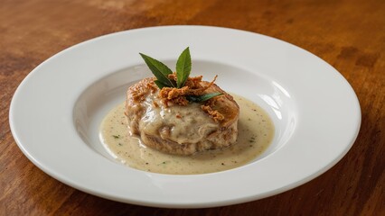 Tasty Chicken Steaks with Sage and Garlic Sauce closeup on a plate on the table. Chicken with fried sage is a haute cuisine dish