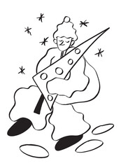 Vector line doodle illustration of a man with a Christmas tree walking through snowdrifts.