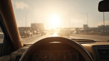 Serene View Through Windshield with Sunlight Glare on Busy Road, Captured from Car Interior at Dusk, Evoking a Warm, Calm Journey Experience