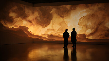 Captivating Silhouettes Against a Vast Swirling Backdrop of Dramatic Artistic Expression in a Gallery Setting
