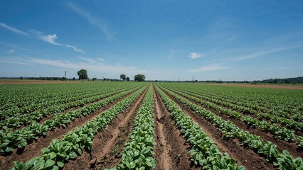 Obraz premium Potato plantations grow in the field with vegetable rows. Farming and agriculture landscape.